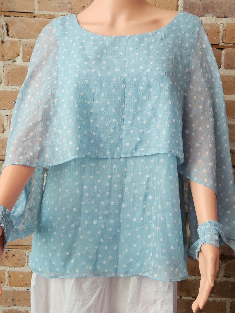 Unique DKNY Light Aqua Polka Dot Layered Sheer Top - Size Large